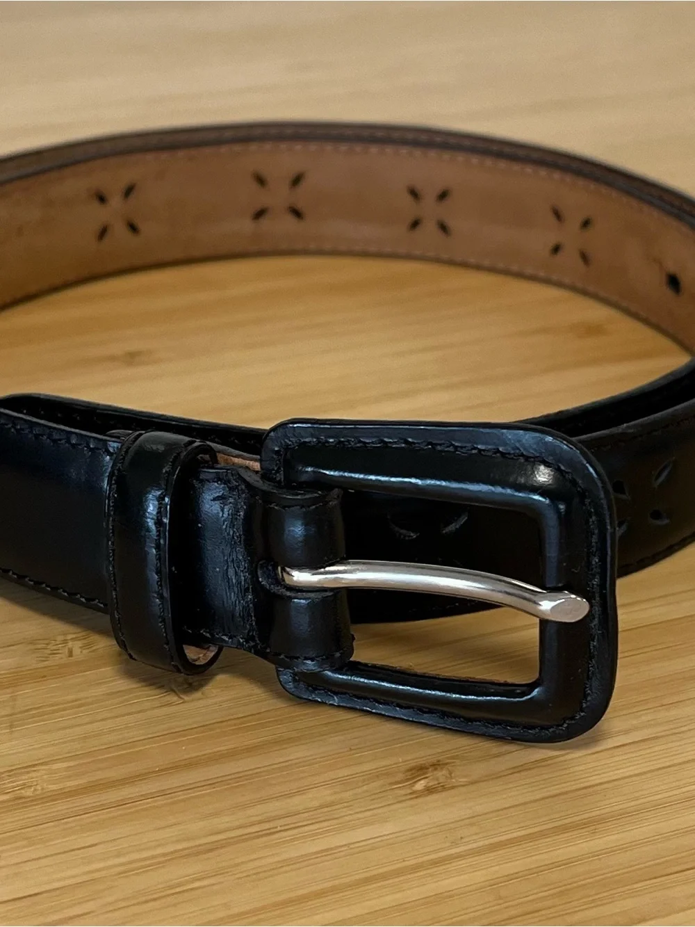 Talbots Black Leather Belt with Silver-Tone Leather Buckle Size L Made in Italy